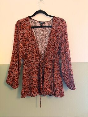 torrid Rust and Black Leopard Print Tie-Waist V-Neck Blouse